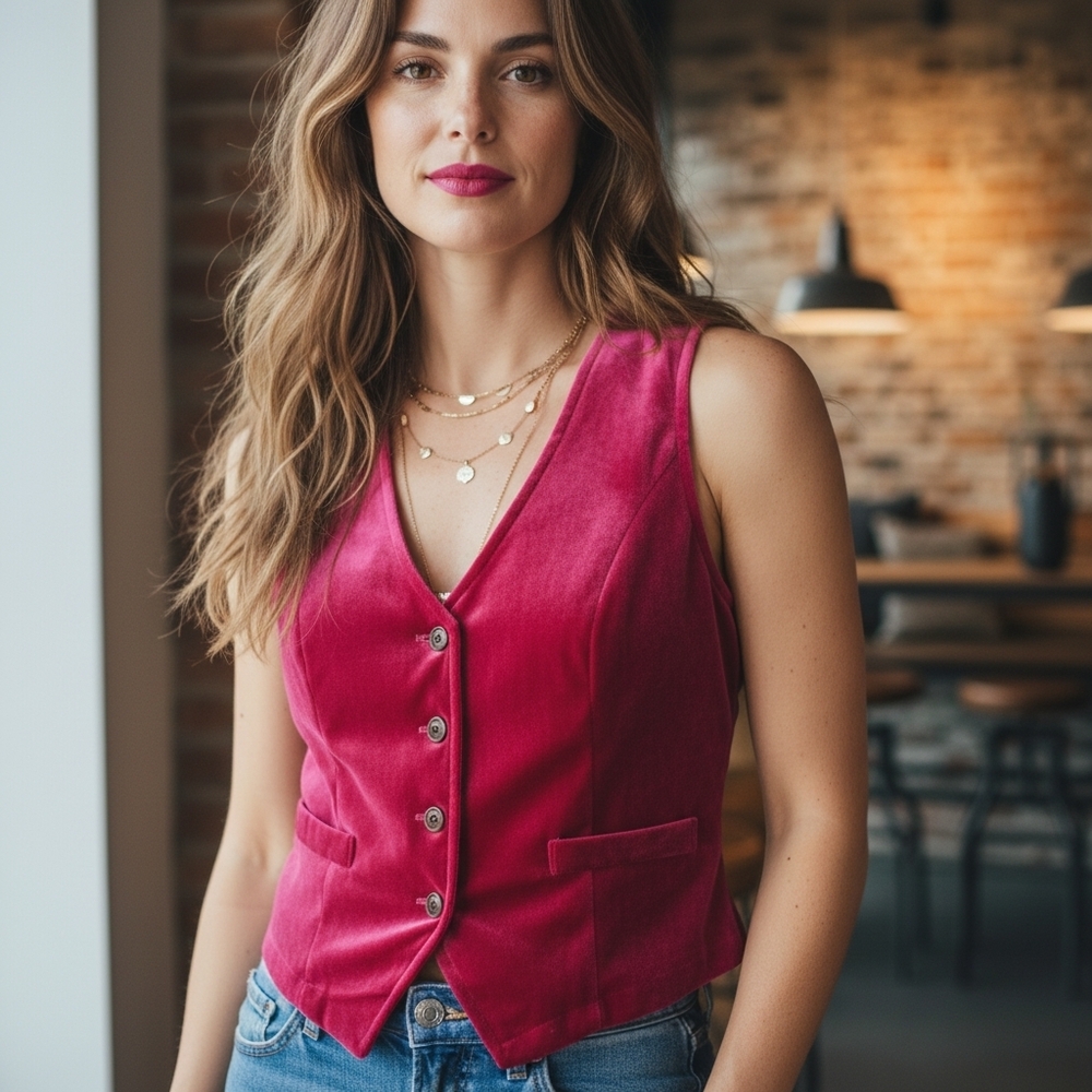 Vibrant Pink Velvet Button-Up Top/Vest